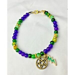 Handmade Beaded Bracelet Pentacle Lightning Charm Purple Green Witchy Wiccan